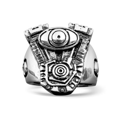 Stainless Steel Motorcycle Engine With Skull Accents Ring
