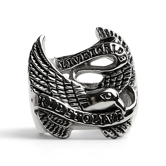 Stainless Steel "Live To Ride" "Ride To Live" Eagle Biker Ring