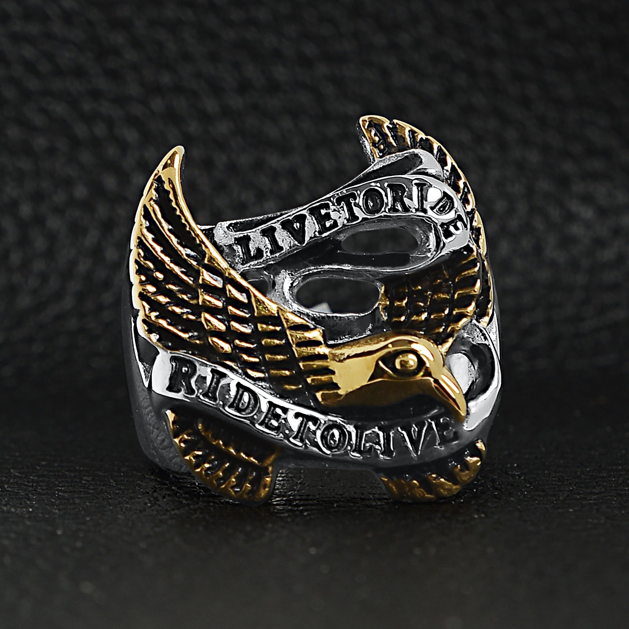 Stainless Steel 18K Gold PVD Coated "Live To Ride" "Ride To Live" Eagle Biker Ring