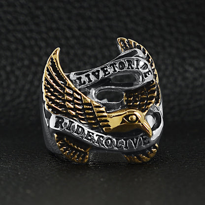 Stainless Steel 18K Gold PVD Coated "Live To Ride" "Ride To Live" Eagle Biker Ring