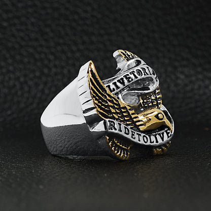 Stainless Steel 18K Gold PVD Coated "Live To Ride" "Ride To Live" Eagle Biker Ring
