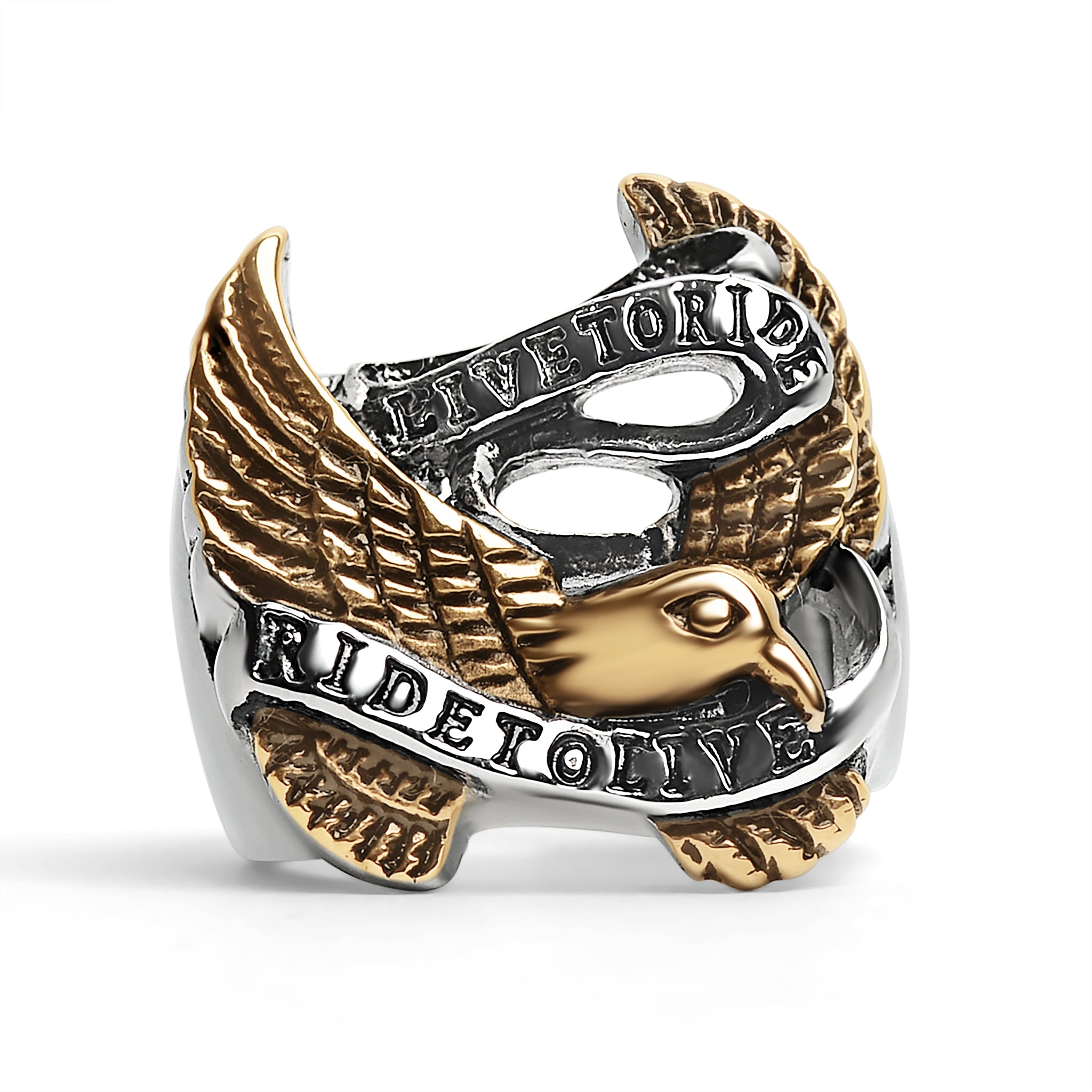 Stainless Steel 18K Gold PVD Coated "Live To Ride" "Ride To Live" Eagle Biker Ring