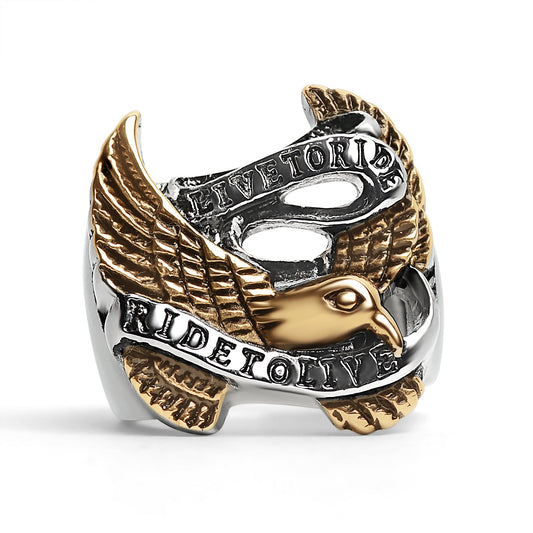 Stainless Steel 18K Gold PVD Coated "Live To Ride" "Ride To Live" Eagle Biker Ring