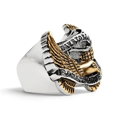 Stainless Steel 18K Gold PVD Coated "Live To Ride" "Ride To Live" Eagle Biker Ring