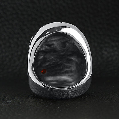 Stainless Steel Large Filigree Skull Biting Red CZ Rose Ring