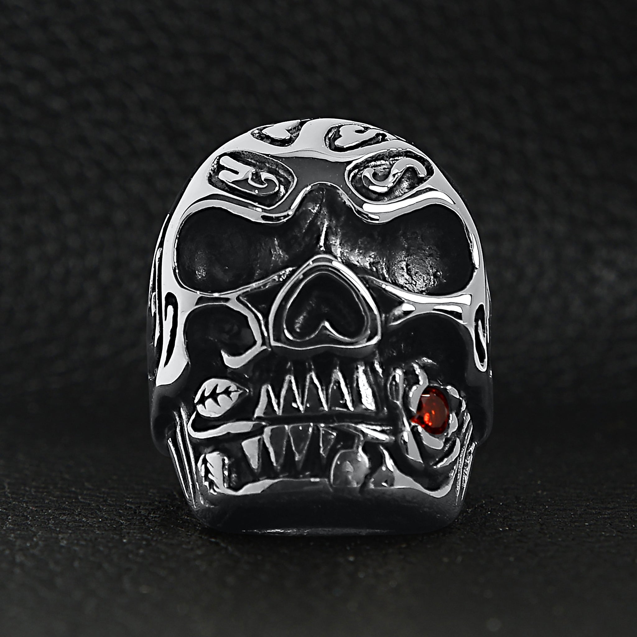 Stainless Steel Large Filigree Skull Biting Red CZ Rose Ring