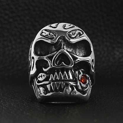Stainless Steel Large Filigree Skull Biting Red CZ Rose Ring
