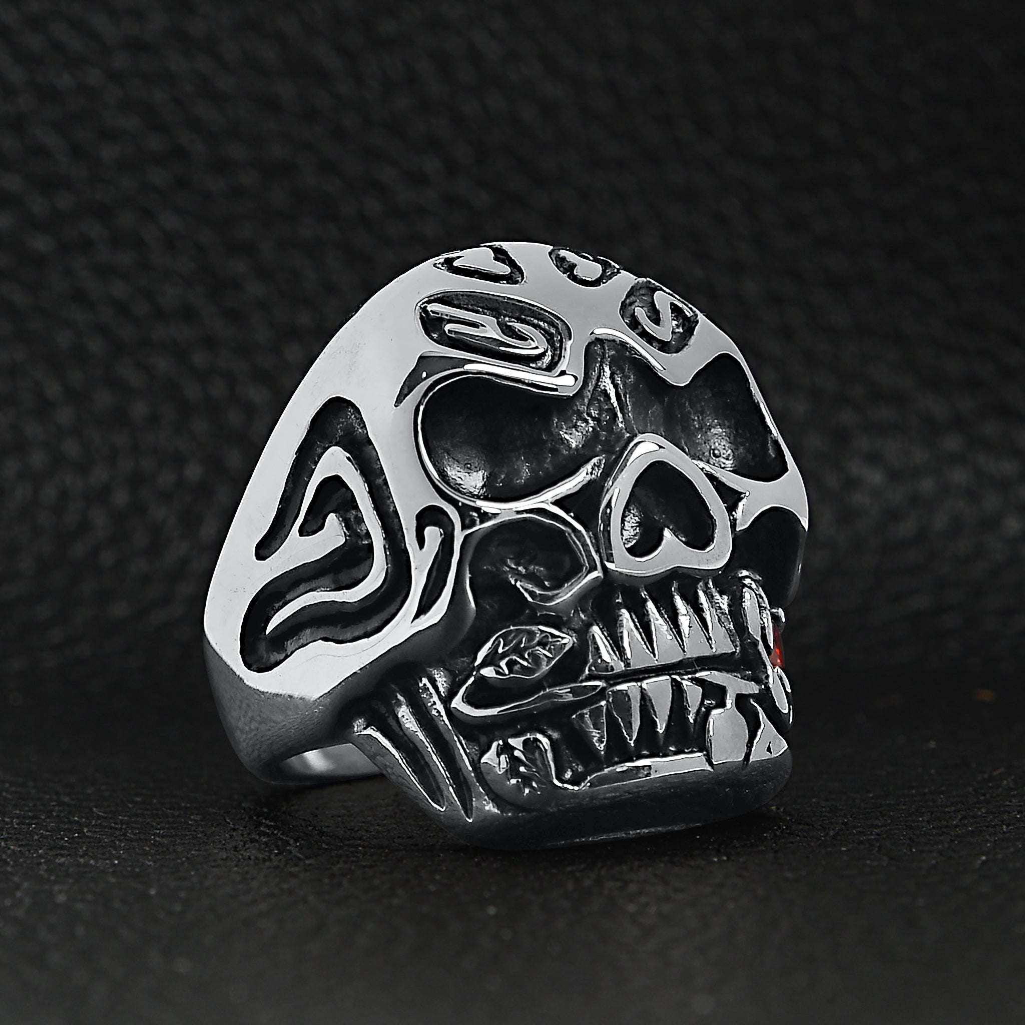 Stainless Steel Large Filigree Skull Biting Red CZ Rose Ring