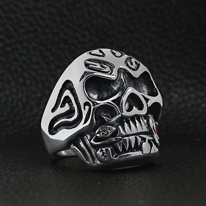 Stainless Steel Large Filigree Skull Biting Red CZ Rose Ring