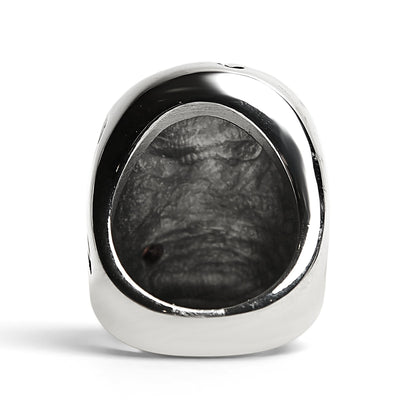 Stainless Steel Large Filigree Skull Biting Red CZ Rose Ring