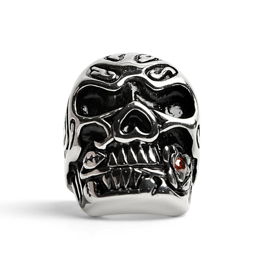 Stainless Steel Large Filigree Skull Biting Red CZ Rose Ring