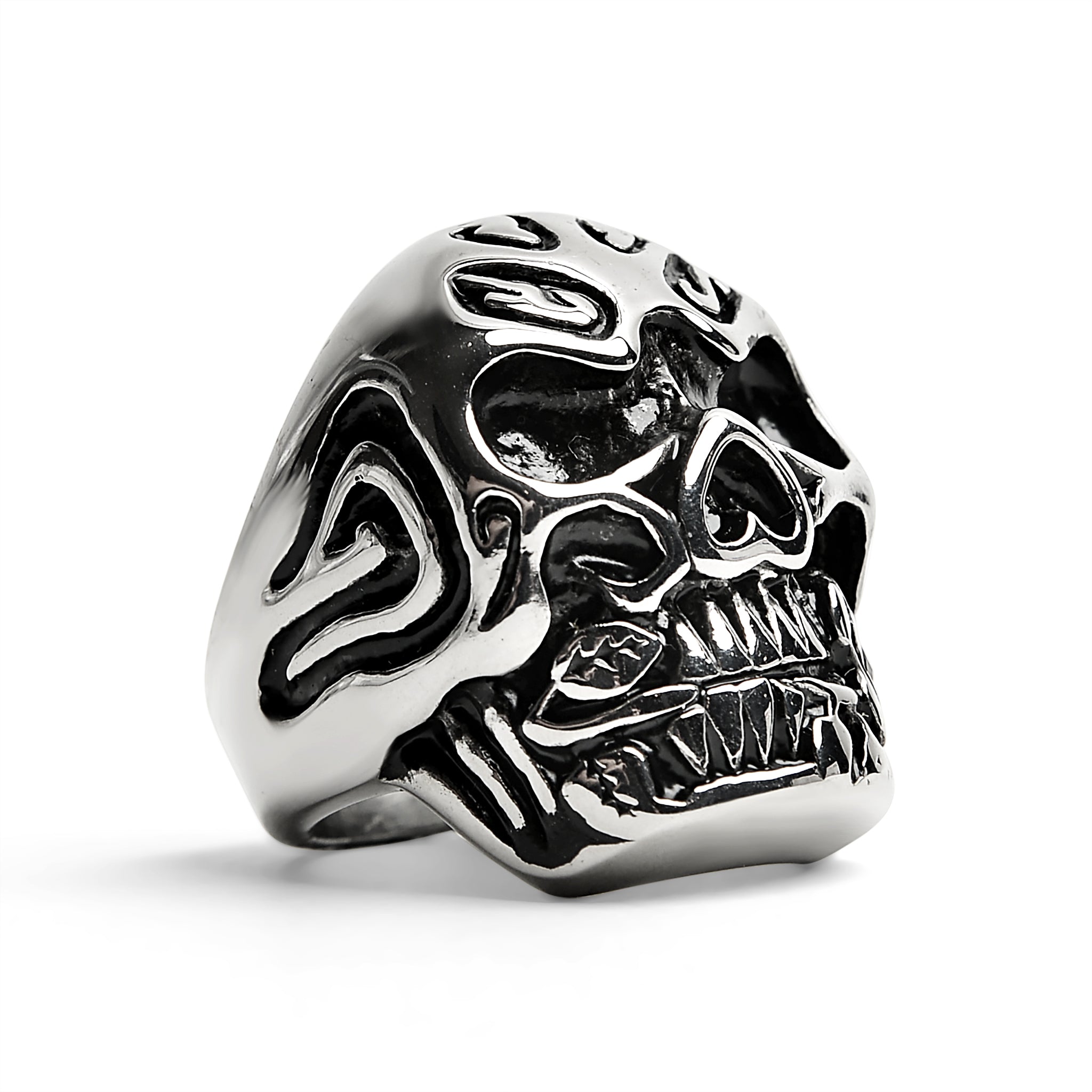 Stainless Steel Large Filigree Skull Biting Red CZ Rose Ring
