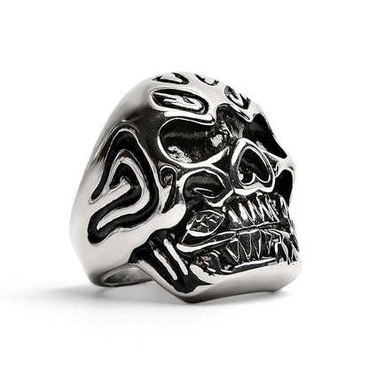Stainless Steel Large Filigree Skull Biting Red CZ Rose Ring