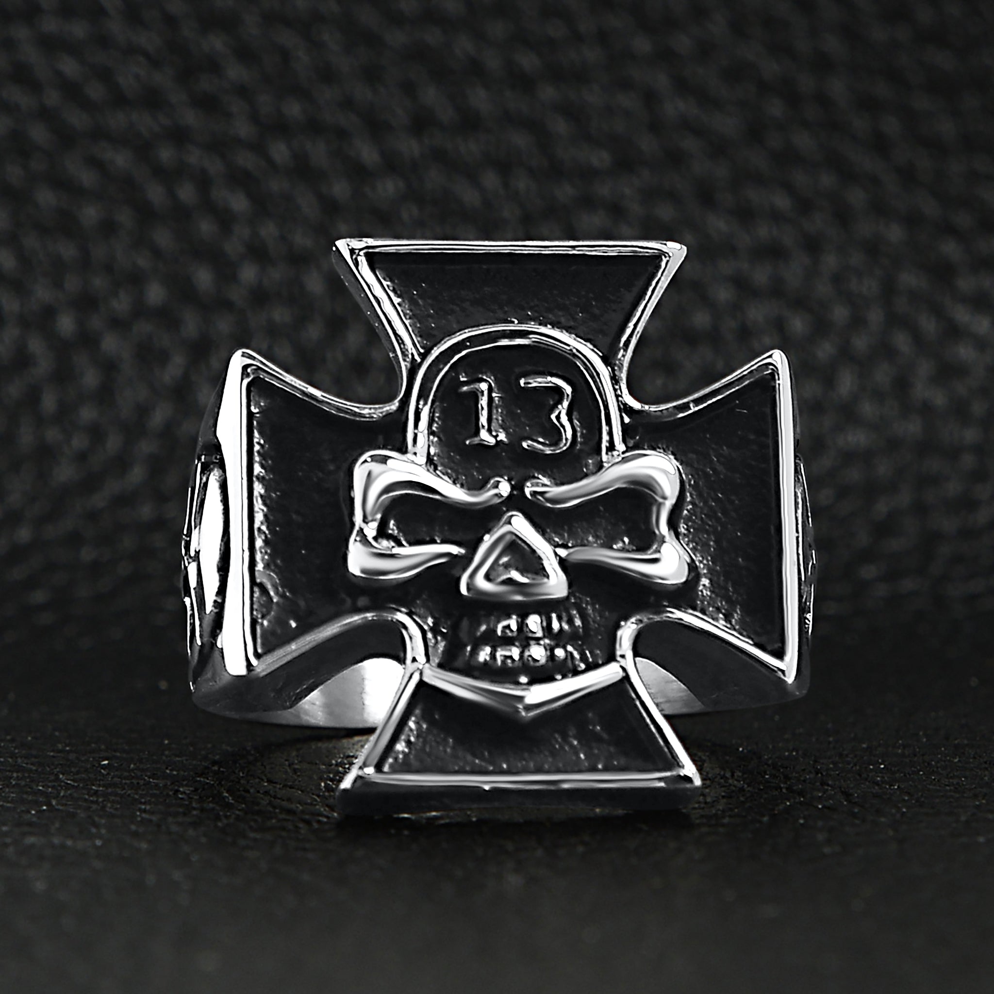 Stainless Steel "13" Skull Maltese Cross Signet Ring
