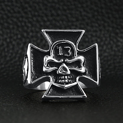 Stainless Steel "13" Skull Maltese Cross Signet Ring