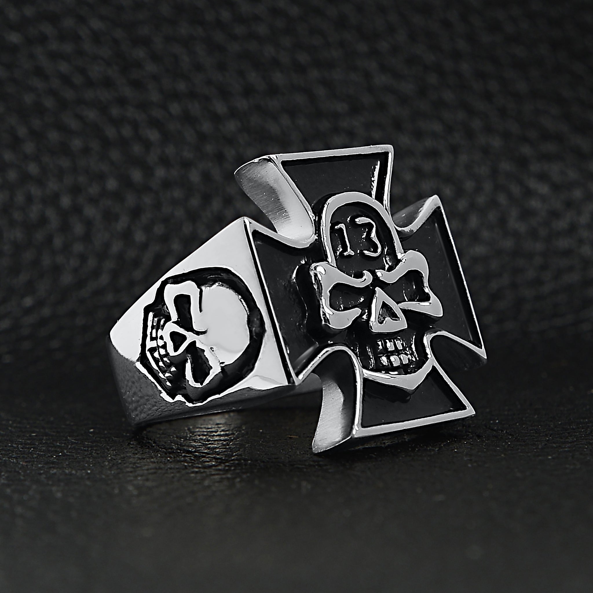 Stainless Steel "13" Skull Maltese Cross Signet Ring