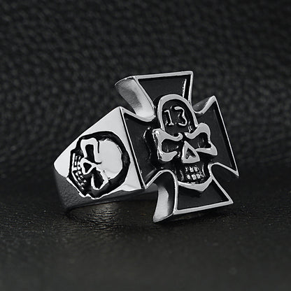 Stainless Steel "13" Skull Maltese Cross Signet Ring