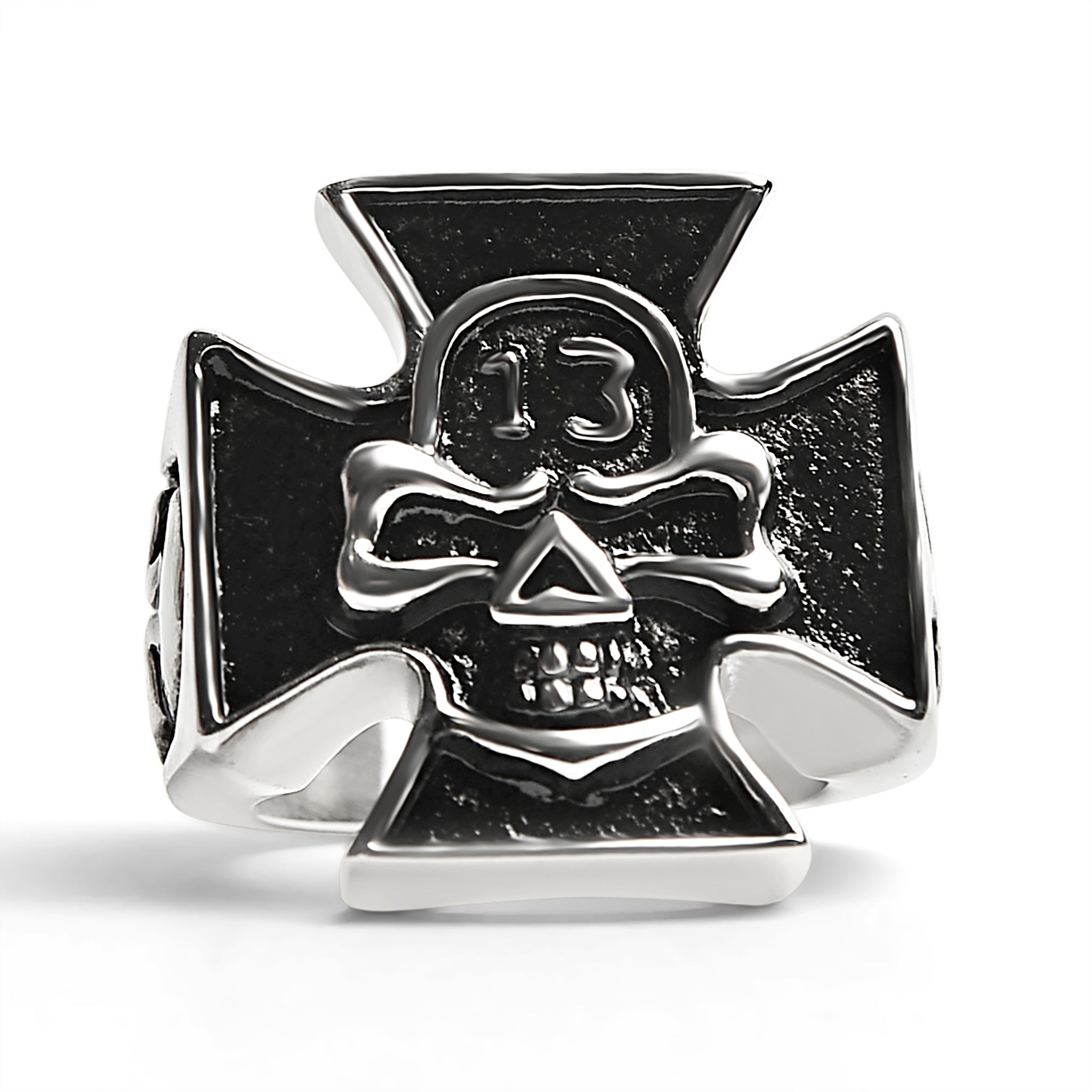 Stainless Steel "13" Skull Maltese Cross Signet Ring