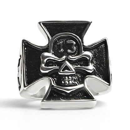 Stainless Steel "13" Skull Maltese Cross Signet Ring
