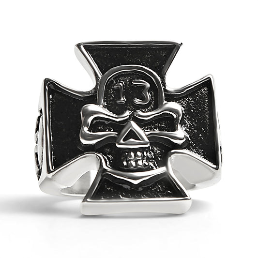 Stainless Steel "13" Skull Maltese Cross Signet Ring
