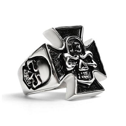 Stainless Steel "13" Skull Maltese Cross Signet Ring