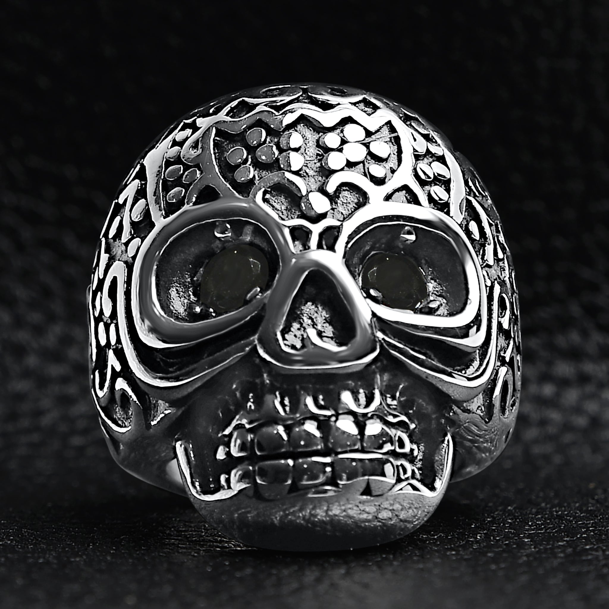 Large Detailed Skull Black CZ Eyed Stainless Steel Ring