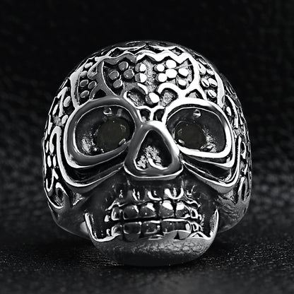 Large Detailed Skull Black CZ Eyed Stainless Steel Ring