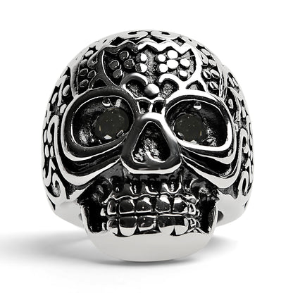 Large Detailed Skull Black CZ Eyed Stainless Steel Ring