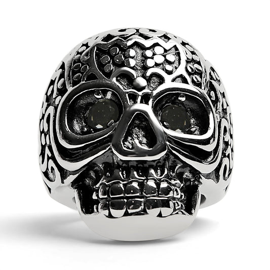 Large Detailed Skull Black CZ Eyed Stainless Steel Ring
