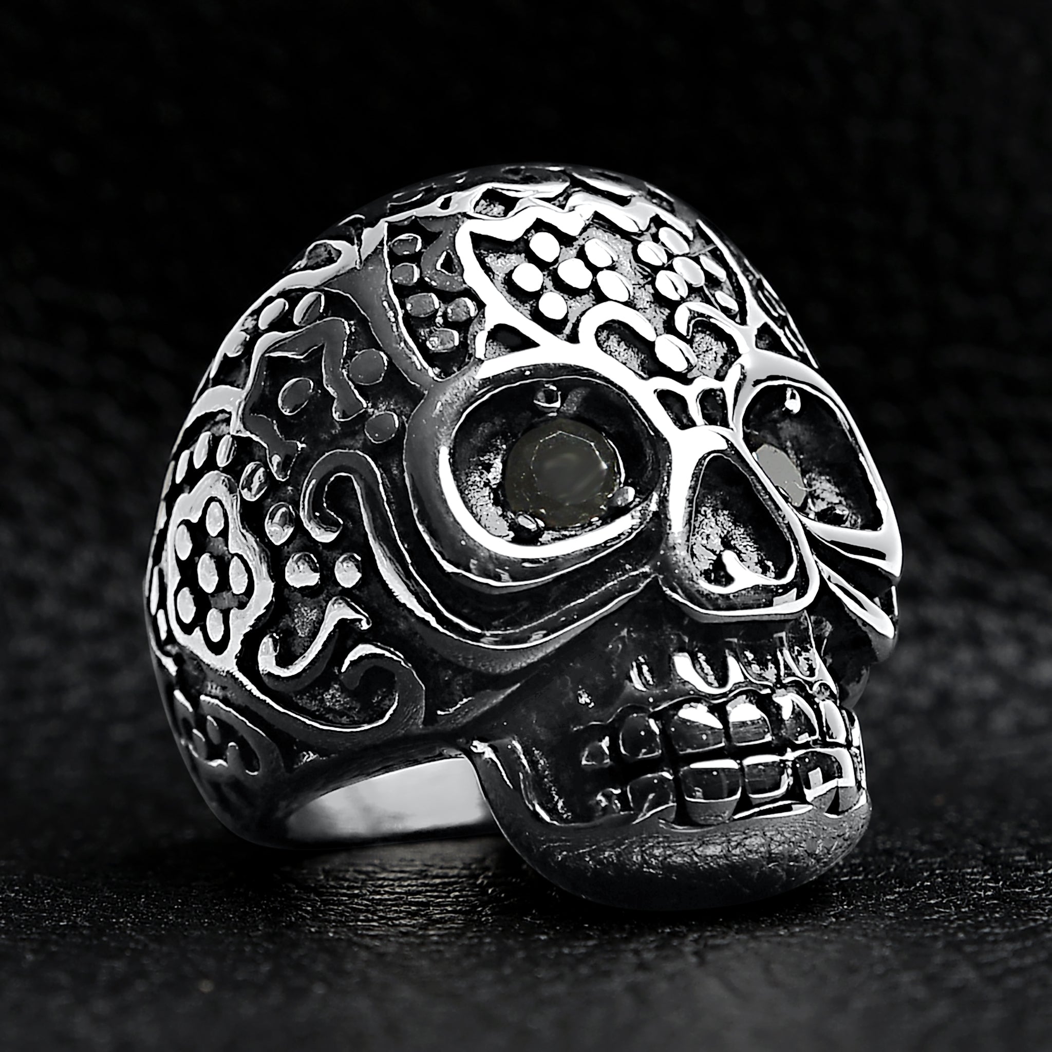 Large Detailed Skull Black CZ Eyed Stainless Steel Ring