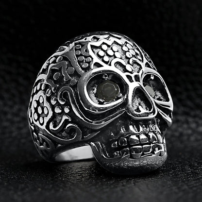 Large Detailed Skull Black CZ Eyed Stainless Steel Ring