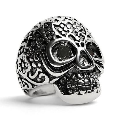 Large Detailed Skull Black CZ Eyed Stainless Steel Ring
