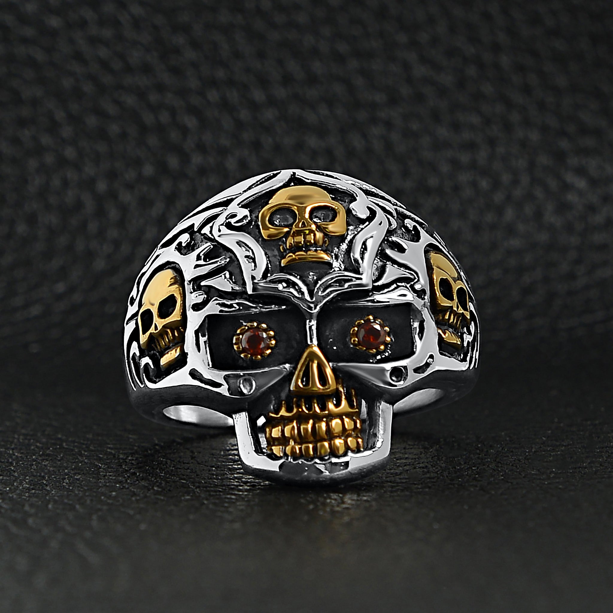 Stainless Steel 18K Gold PVD Coated Red CZ Eyed Filigree Skull Ring