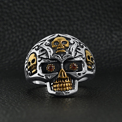 Stainless Steel 18K Gold PVD Coated Red CZ Eyed Filigree Skull Ring