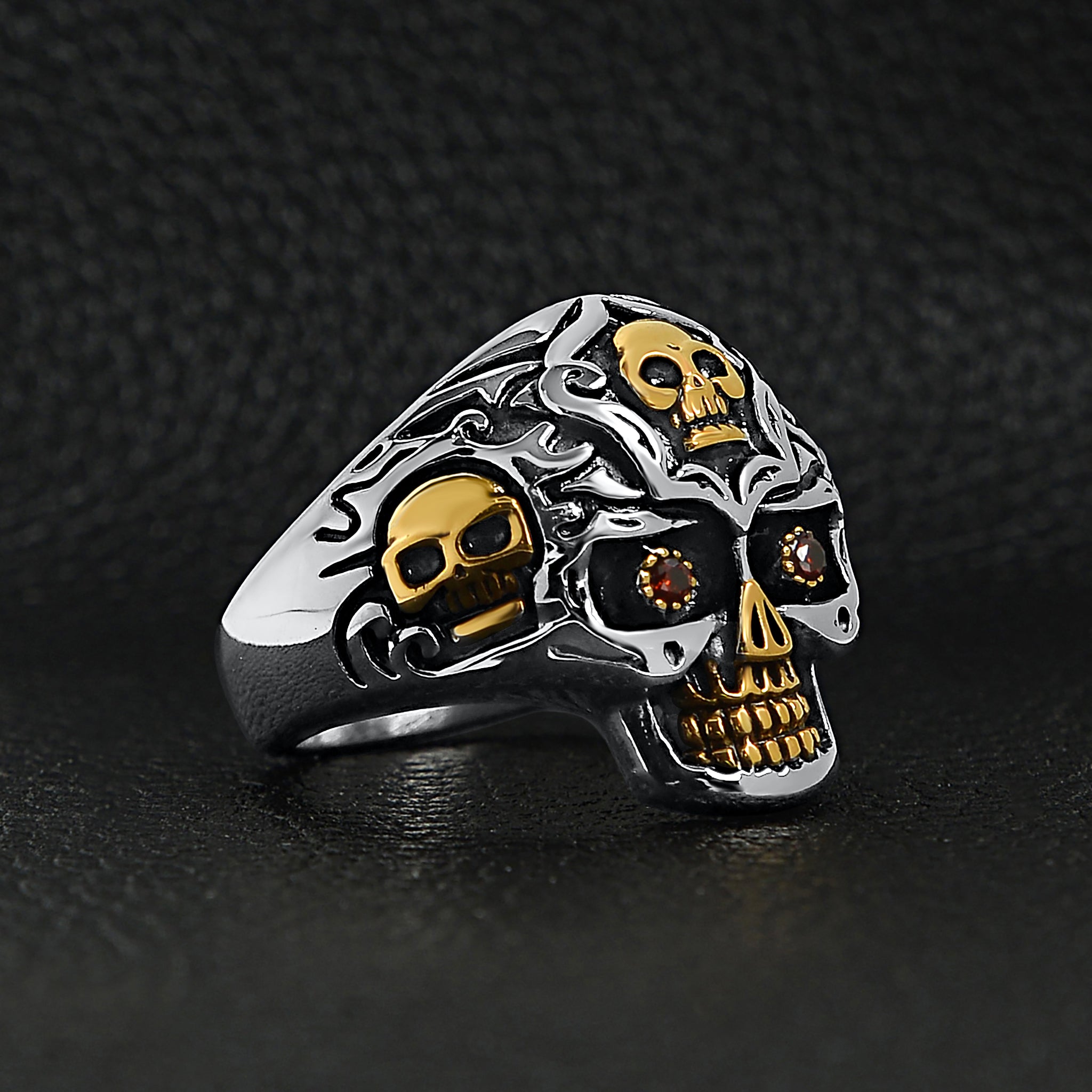 Stainless Steel 18K Gold PVD Coated Red CZ Eyed Filigree Skull Ring