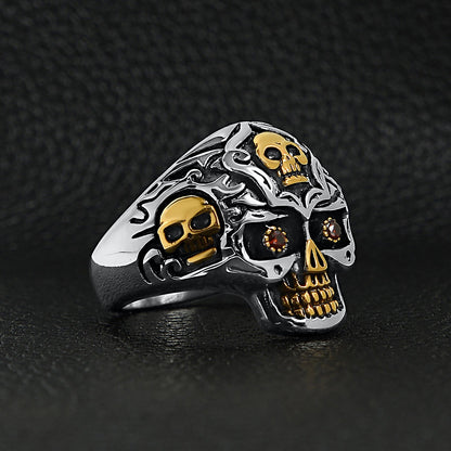 Stainless Steel 18K Gold PVD Coated Red CZ Eyed Filigree Skull Ring