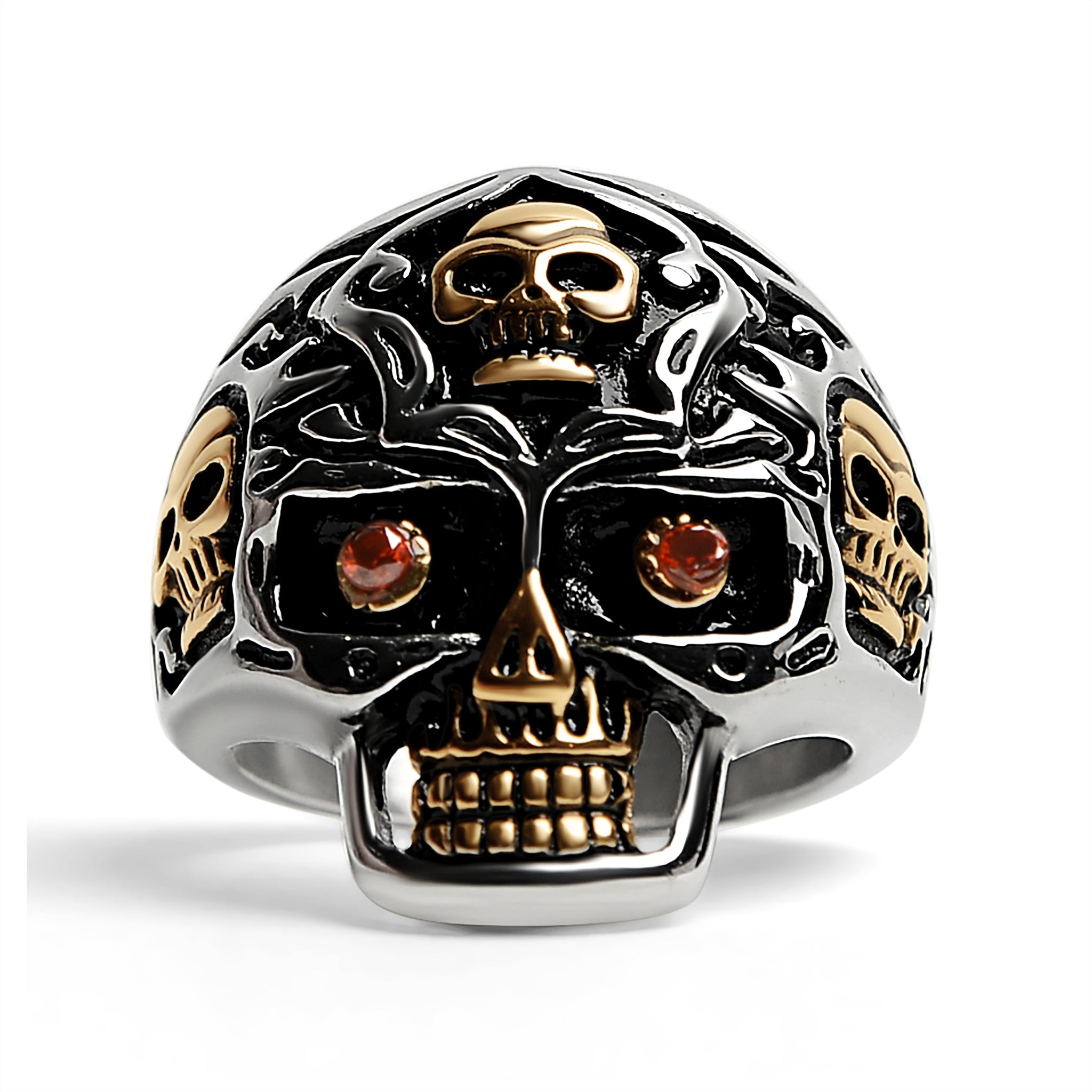Stainless Steel 18K Gold PVD Coated Red CZ Eyed Filigree Skull Ring