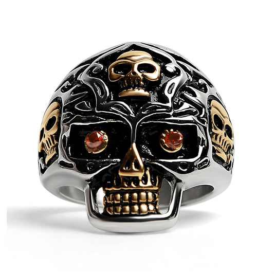 Stainless Steel 18K Gold PVD Coated Red CZ Eyed Filigree Skull Ring