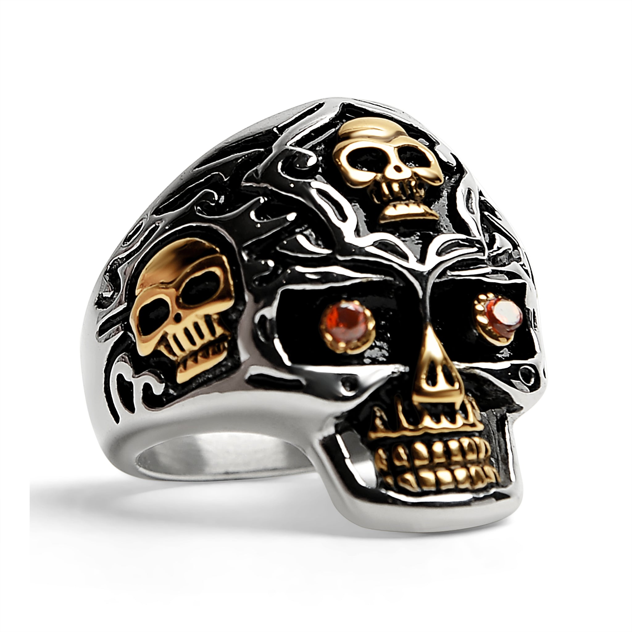 Stainless Steel 18K Gold PVD Coated Red CZ Eyed Filigree Skull Ring