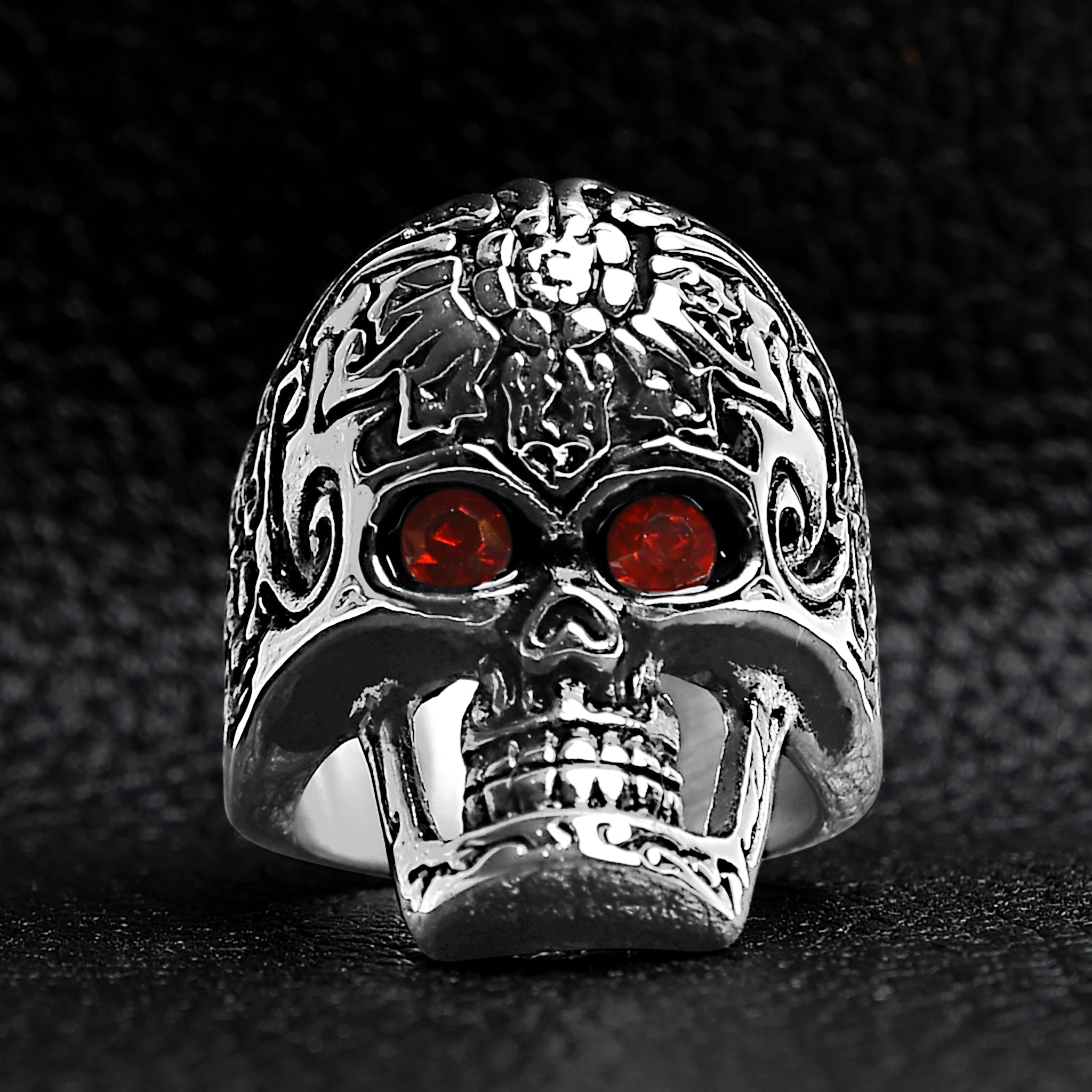 Large Red CZ Eyed Detailed Skull Stainless Steel Ring