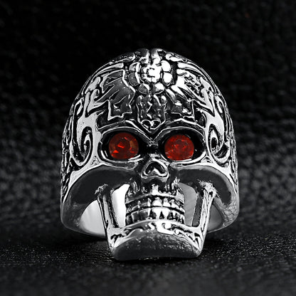 Large Red CZ Eyed Detailed Skull Stainless Steel Ring