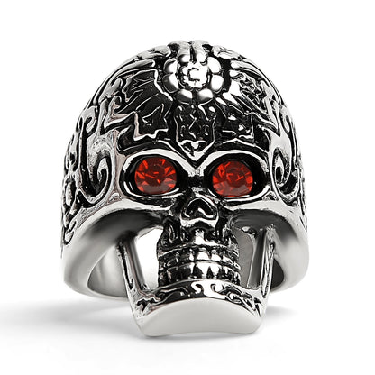 Large Red CZ Eyed Detailed Skull Stainless Steel Ring