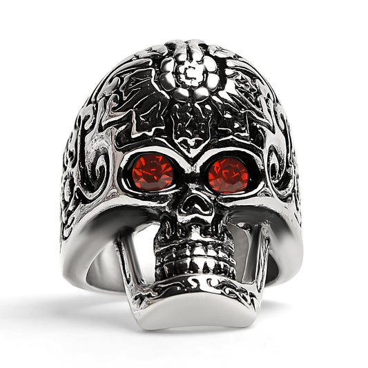 Large Red CZ Eyed Detailed Skull Stainless Steel Ring