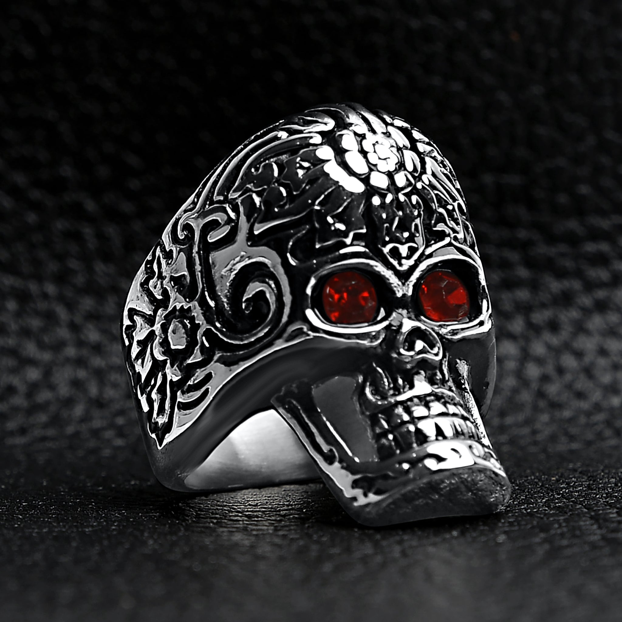 Large Red CZ Eyed Detailed Skull Stainless Steel Ring