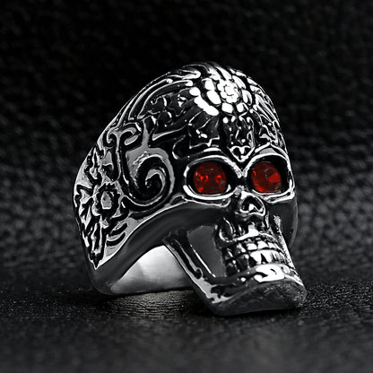 Large Red CZ Eyed Detailed Skull Stainless Steel Ring