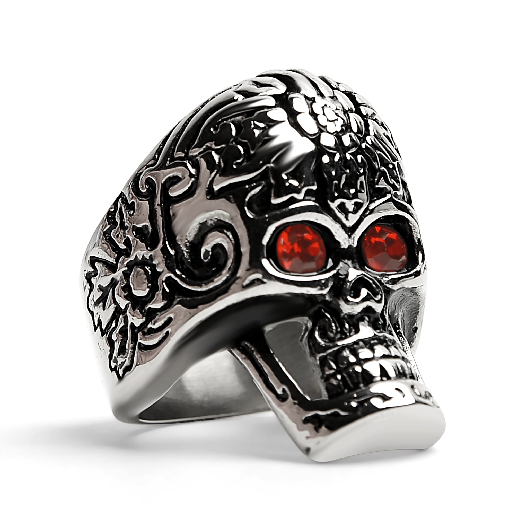 Large Red CZ Eyed Detailed Skull Stainless Steel Ring