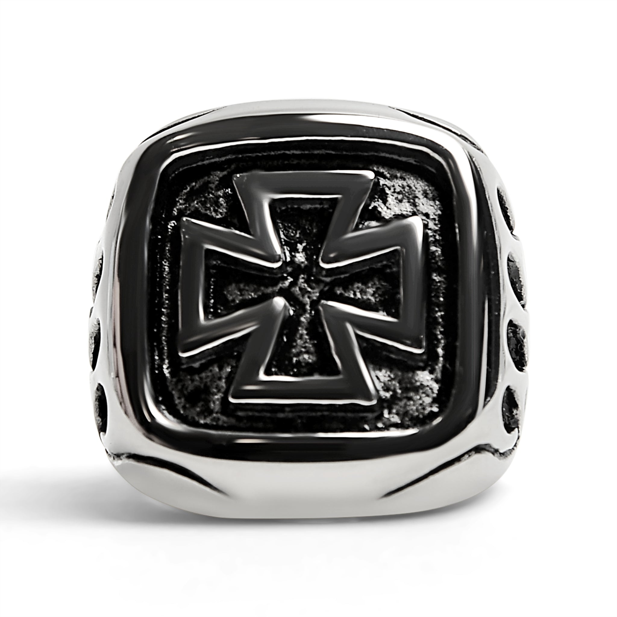 Stainless Steel Large Maltese Cross with Flame Accents Signet Ring