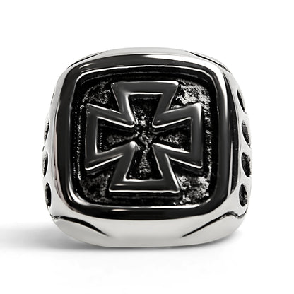 Stainless Steel Large Maltese Cross with Flame Accents Signet Ring
