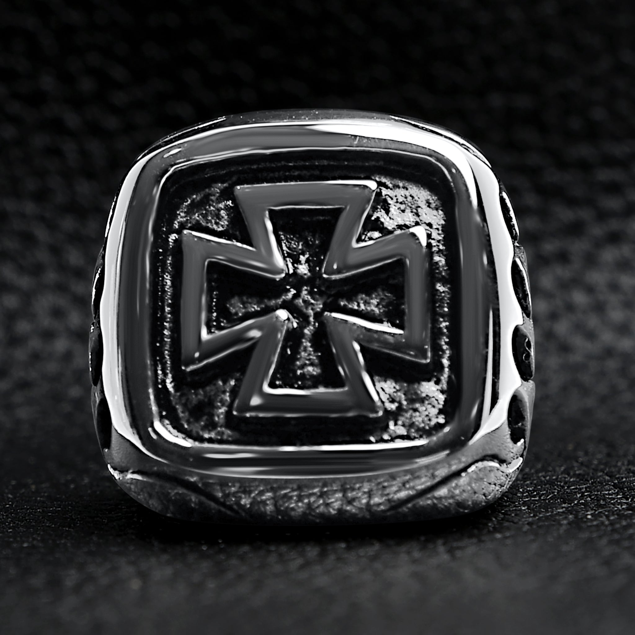 Stainless Steel Large Maltese Cross with Flame Accents Signet Ring