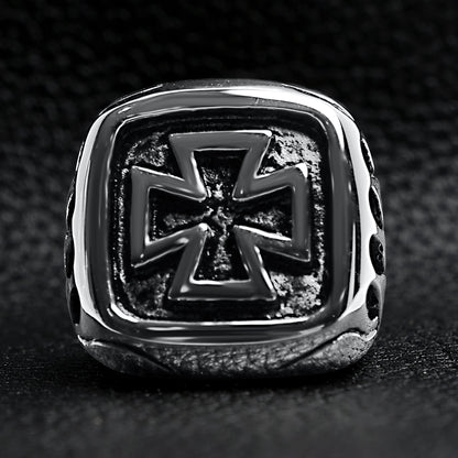 Stainless Steel Large Maltese Cross with Flame Accents Signet Ring